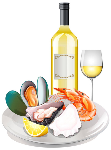 Mořské plody a bílé víno set ilustrace - Vektor, obrázek