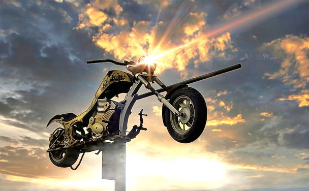 Een roestige motorfiets belicht op een paal met een dramatische hemel bij zonsondergang - Foto, afbeelding