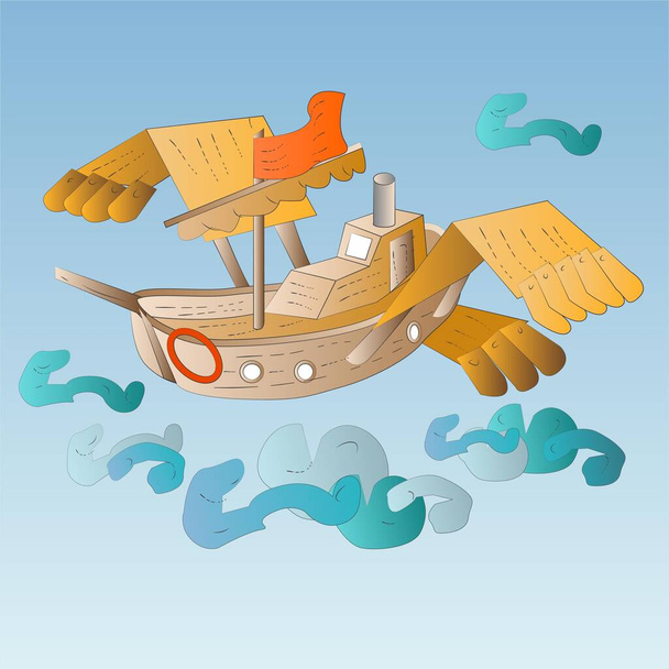 Fantasy Sky Boat Flying Over The Clouds Vector Illustration - Vector, Image