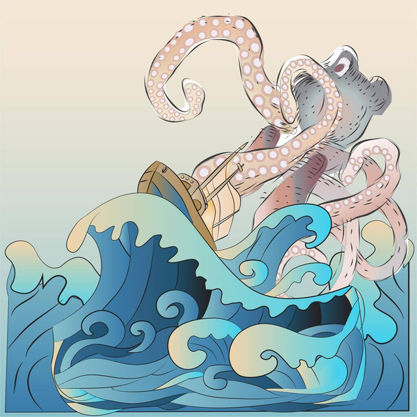 Boat in Ocean Waves and Sea Monster Vector Illustration - Vektor, obrázek