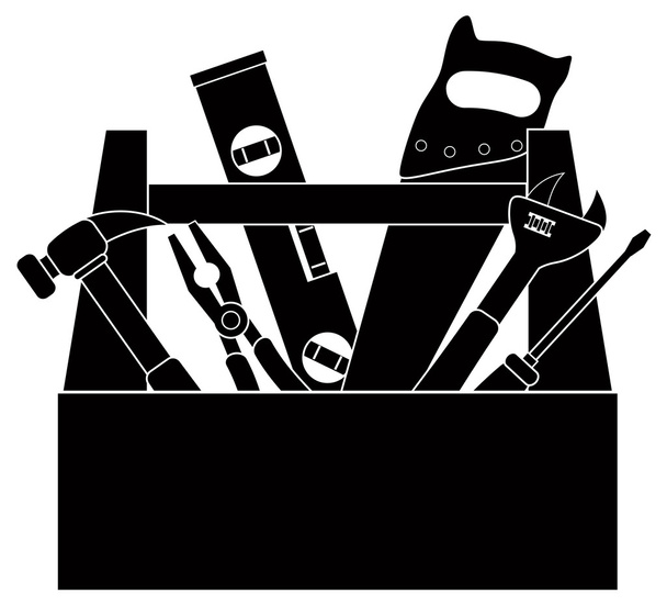 Herramientas de construcción en caja de herramientas Ilustración en blanco y negro
 - Vector, Imagen