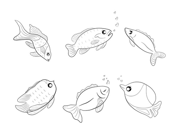 Ομάδα περίγραμμα doodle ψάρια θάλασσα εικονίδιο κινούμενο σχέδιο αφηρημένο φόντο τέχνη διάνυσμα εικονογράφηση - Διάνυσμα, εικόνα
