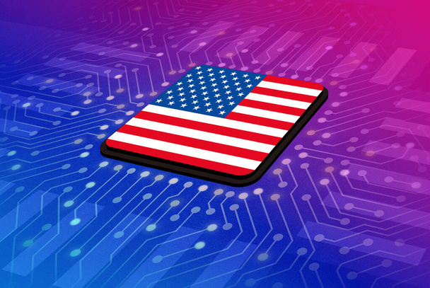 Bandera americana en el centro de la placa de circuito, Inteligencia artificial de la ilustración digital - Foto, imagen