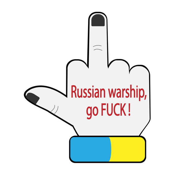 Man's hand showing the middle finger. Russian warship, go FUCK! Symbol of the Russian-Ukrainian war. A sign for the Russian aggressor. Vector illustration - Vector, imagen