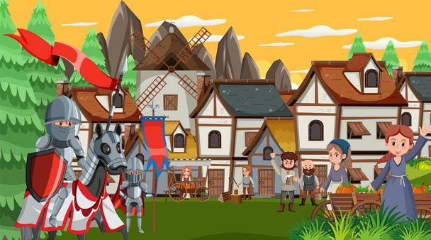 村人イラスト付き中世の町のシーン - ベクター画像