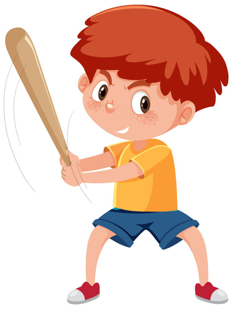 Um menino segurando beisebol morcego desenho animado personagem ilustração - Vetor, Imagem