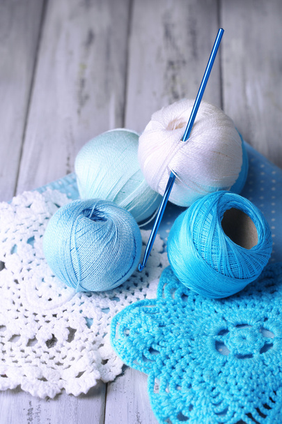 Colorful clews, napkin and crochet hook - Фото, изображение