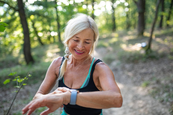 Portrait of active senior woman runner standing outdoors in forest, setting smartwatch. - 写真・画像