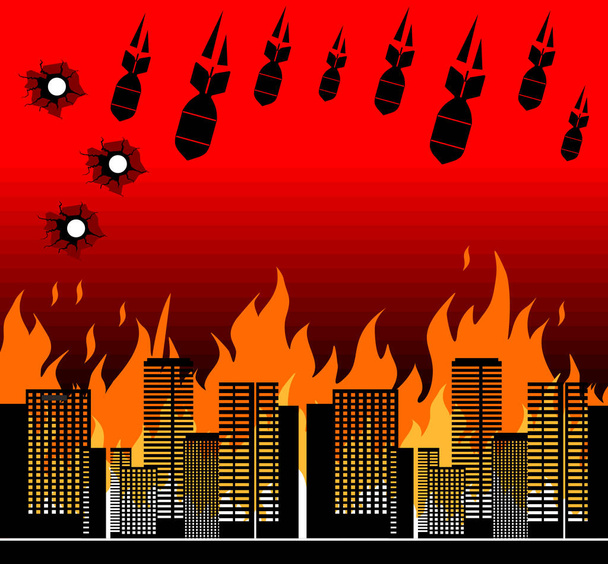 Stop war template poster. Burning city under bombs. Vector - Vector, Image