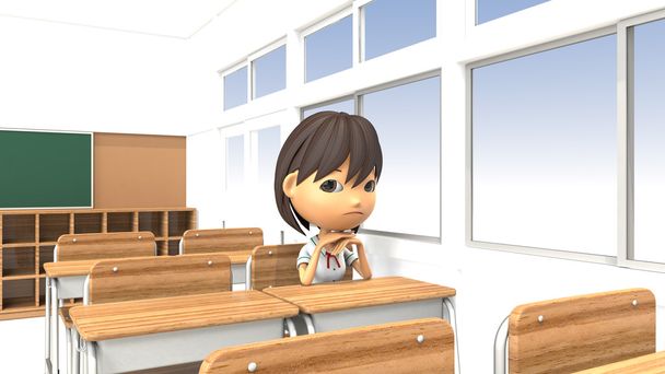 3D ilustrace dívky špatnou náladu v učebně - Fotografie, Obrázek