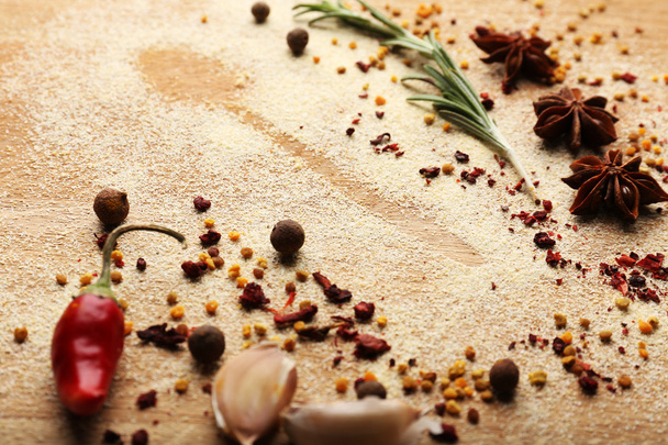 Spices on table with spoon - Zdjęcie, obraz