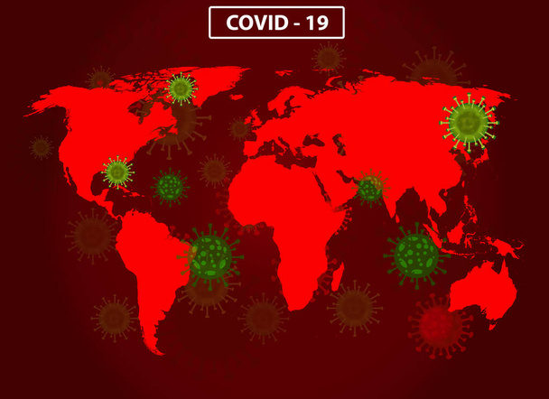 World map with covid-19 virus concept. El coronavirus se propaga por toda la tierra e infecta a todos los países. Ilustración vectorial del diseño del mapa rojo con el virus de la gripe. Mapa del mundo de Covid 19. - Vector, Imagen
