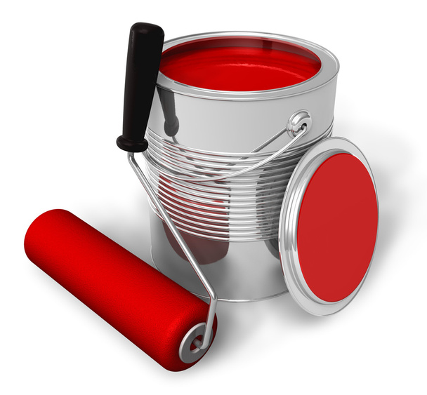 Can with red paint and roller brush - Zdjęcie, obraz