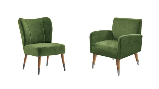 Dwa klasyczne fotele art deco stylu w zielonym aksamicie z drewnianymi nogami izolowane na białym tle. Seria mebli - Zdjęcie, obraz