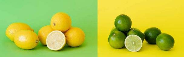 Succose lime fresche e limoni su sfondo verde e giallo, striscione  - Foto, immagini