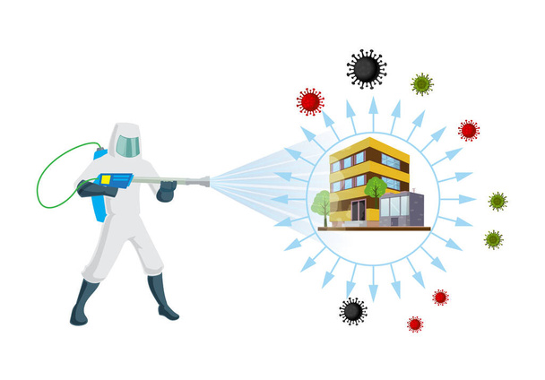 Sanitizing & Disinfectant an office for covid-19 virus corona virus and insects. Human corrector of doing pest control at offices and home.  Sanitize office and home vector illustration. - Vector, Image