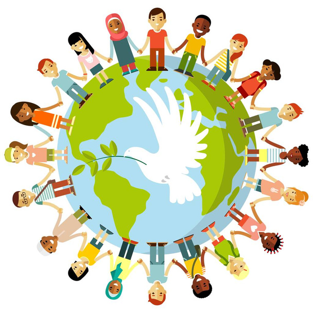 Different international multicultural children standing together and holding hands around the world - Vector, Image