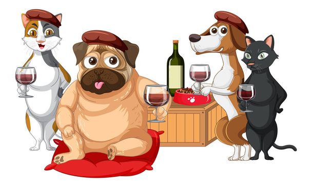 Собаки и кошки на винной вечеринке - Вектор,изображение