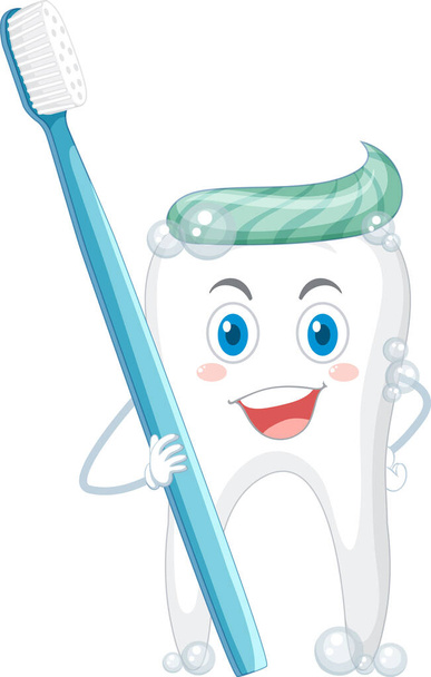 Feliz limpieza de un diente grande con ilustración de pasta de dientes - Vector, imagen