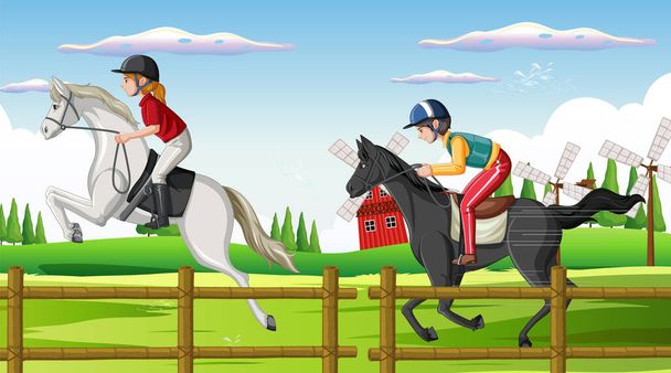 Scena di equitazione con fantino e illustrazione di cavalli - Vettoriali, immagini