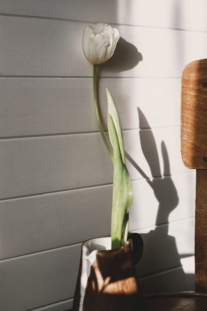 Lente eenvoudige esthetiek. Stijlvolle witte tulp in moderne keramische ketel in zonlicht op rustieke houten stoel. Keramische minimalistische vaas met bloemen en bladeren schaduw in zonnige kamer. - Foto, afbeelding