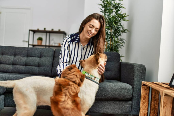 Giovane donna ispanica sorridente fiducioso seduto sul divano con i cani a casa - Foto, immagini