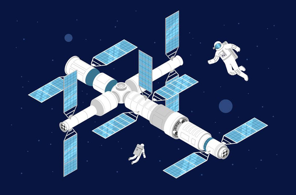 Space station isometric illustration in space near planets and stars - Vector, Image
