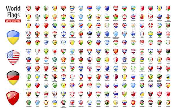 Vlajky světa - vektorová sada štítů, lesklé ikony. Vlajky všech zemí a kontinentů - Vektor, obrázek