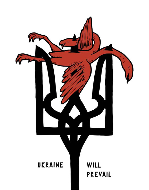 Ukrainian coat of arms piercing russian coat of arms. Ukraine will prevail. Trident piercing two headed eagle. Support ukraine poster. - Vector, afbeelding