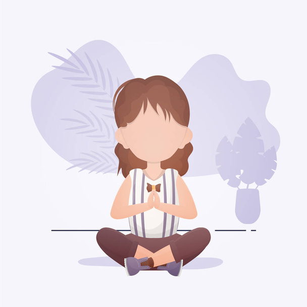 La niña se sienta en la posición de loto. Lindo yoga, mindfulness y relajación. Estilo de dibujos animados. - Vector, imagen