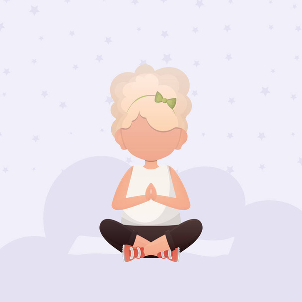 Kleines Mädchen sitzt in der Lotusposition. Meditation für Kinder. Cartoon-Stil. - Vektor, Bild