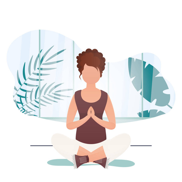 Donna che fa yoga in posizione di loto. Il concetto di calma e tranquillità. Vettore. - Vettoriali, immagini