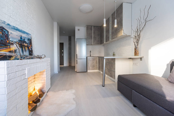 Sisustus moderni parvi keittiö-studio asunnossa. Huone, huonekalut, sohva lähellä puinen takka - Valokuva, kuva