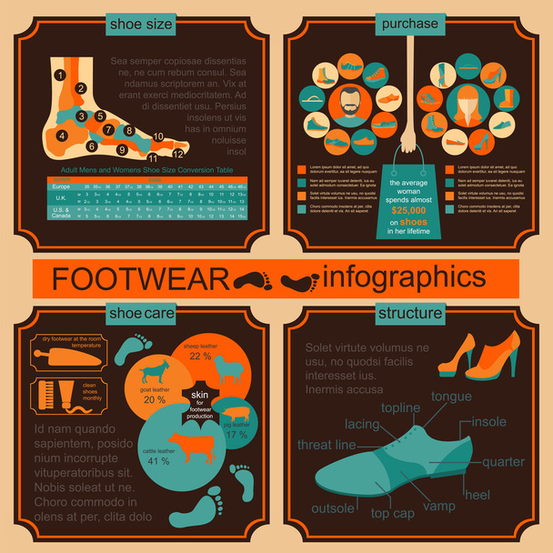 Cipőkellékek infographics. Könnyen szerkeszthetők - Vektor, kép