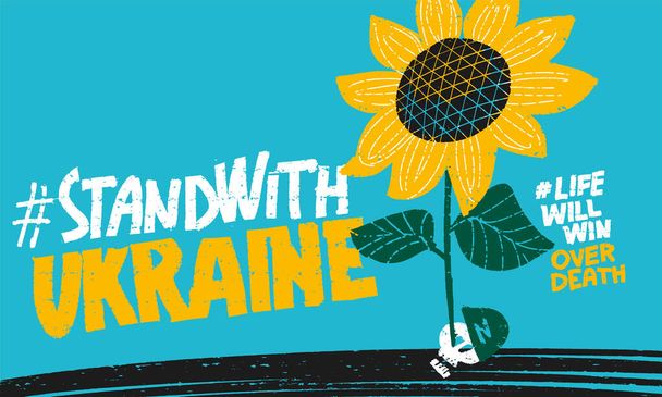 La vie vaincra la mort. Affiche vectorielle Ukraine avec tournesol et crâne ennemi vaincu.  - Vecteur, image