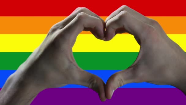 Handen tonen hart gebarentaal over een gay trots vlag.   - Video