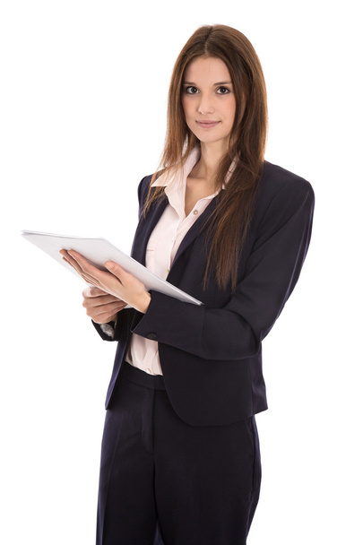 Attractive isolated smiling business woman with documents in her - Foto, imagen