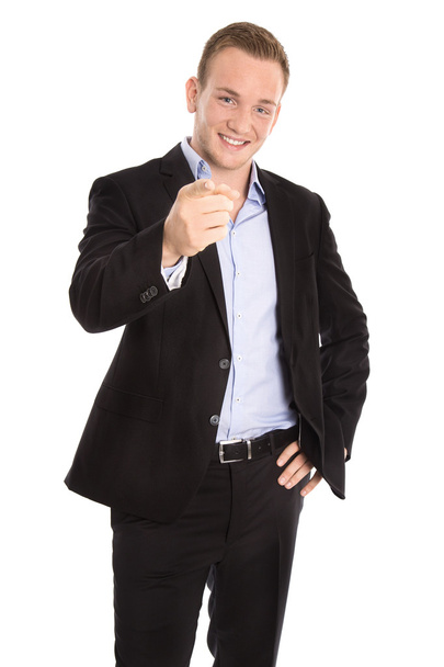 Beau jeune homme d'affaires isolé heureux levant le doigt
  - Photo, image