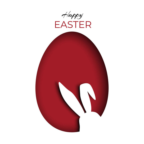 Silueta de un conejito asomándose dentro de un huevo de Pascua rojo sobre papel tallado o cortado. Tarjeta de felicitación - Vector, Imagen