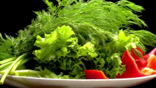 Giet olijfolie op Italiaanse salade met mini mozzarella, tomaten kers en arugula roterende - Video