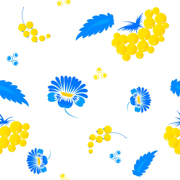 Modèle sans couture avec des fleurs bleues et jaunes. Style de Petrykivka - peinture décorative ukrainienne traditionnelle. Art populaire ornemental. Parfait pour le papier d'emballage, le textile, l'intérieur ou le design web.  - Vecteur, image