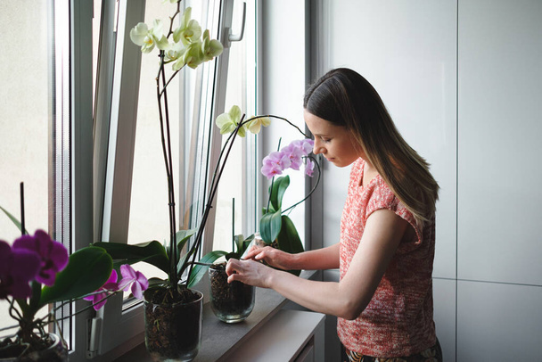 Frau arrangiert Blumen im Haus - Foto, Bild