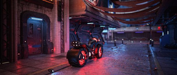 Moto cyberpunk futurista em uma rua escura distópica da cidade. Ilustração 3D com profundidade de campo rasa. - Foto, Imagem