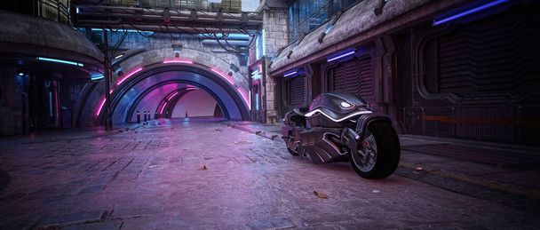 Futuristická motorka v ošumělé dystopické ulici v centru města. Cinematic view cyberpunk concept 3D rendering. - Fotografie, Obrázek