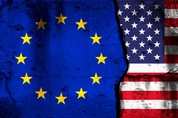 Europe Union and United States crisis. Background with national flags on cracked wall  - Photo, Image