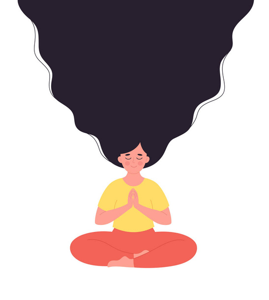 Woman meditating in lotus pose. Healthy lifestyle, yoga, relax, breathing exercise. World yoga day. Hand drawn vector illustration - Vector, Image
