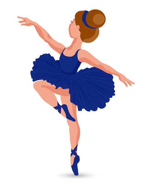 Иллюстрация, маленькая балерина в синем платье и пуанты с лентами. Девушка танцует. Печать, клип-арт, вектор - Вектор,изображение