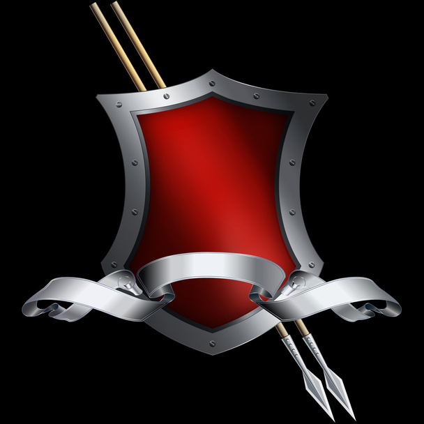 Red shield and silver ribbon. - Zdjęcie, obraz