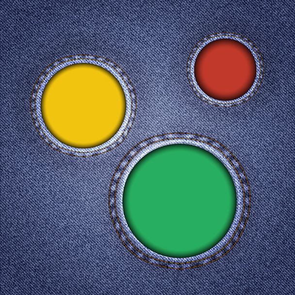 Denim texture with multicolored round holes. - Vecteur, image