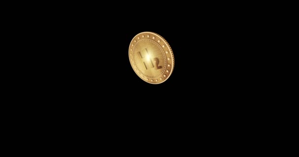 Hydrogen, H2, renewable green energy and zero emission fuel rotating 3d coin toss. Golden symbol floating in the air. Coin tossing abstract concept slow motion. Alpha channel and isolated animation. - Footage, Video